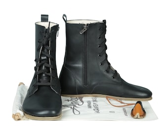 Men&#39;s Wide Toe Box Barefoot Boots: Handmade Black Leather