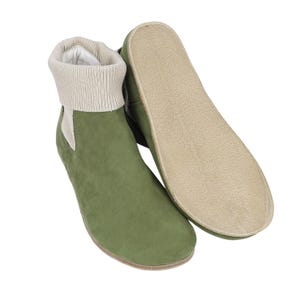 MEN Wide Barefoot Chelsea Boots, Zero Drop, Stacked Sock-like Cuffs, GREEN NUBUCK Leather Handmade, Natural, Leather Insole & Outsole