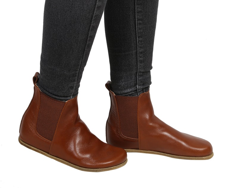 Women Handmade CHELSEA Boots Zero Drop, Barefoot BROWN Smooth Leather, Natural, Colorful, Leather Insole & Outsole image 5