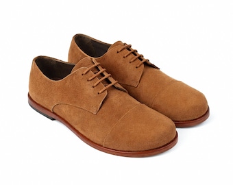 Damen Barfuß TAN SUEDE Leder Oxford-Schuhe, klassischer Komfort & Stil: Handgemacht, Mokassins