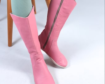 Handmade Pink Leather Knee Boots: Barefoot Zero Drop Shoes