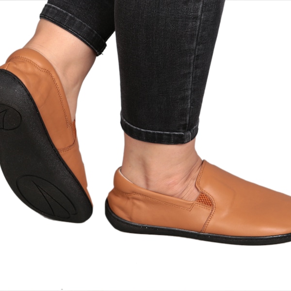 Women SLIP-ON TAN Smooth Leather, Handmade Barefoot, Grounding, Zero Drop, Flexible Soft Rubber Sole, Stylish, Natural, Colorful