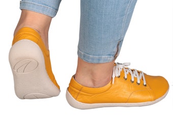 Women SNEAKER MUSTARD Smooth Leather, Handmade Barefoot, Grounding, Zero Drop, Flexible Soft Rubber Sole, Stylish, Natural, Colorful