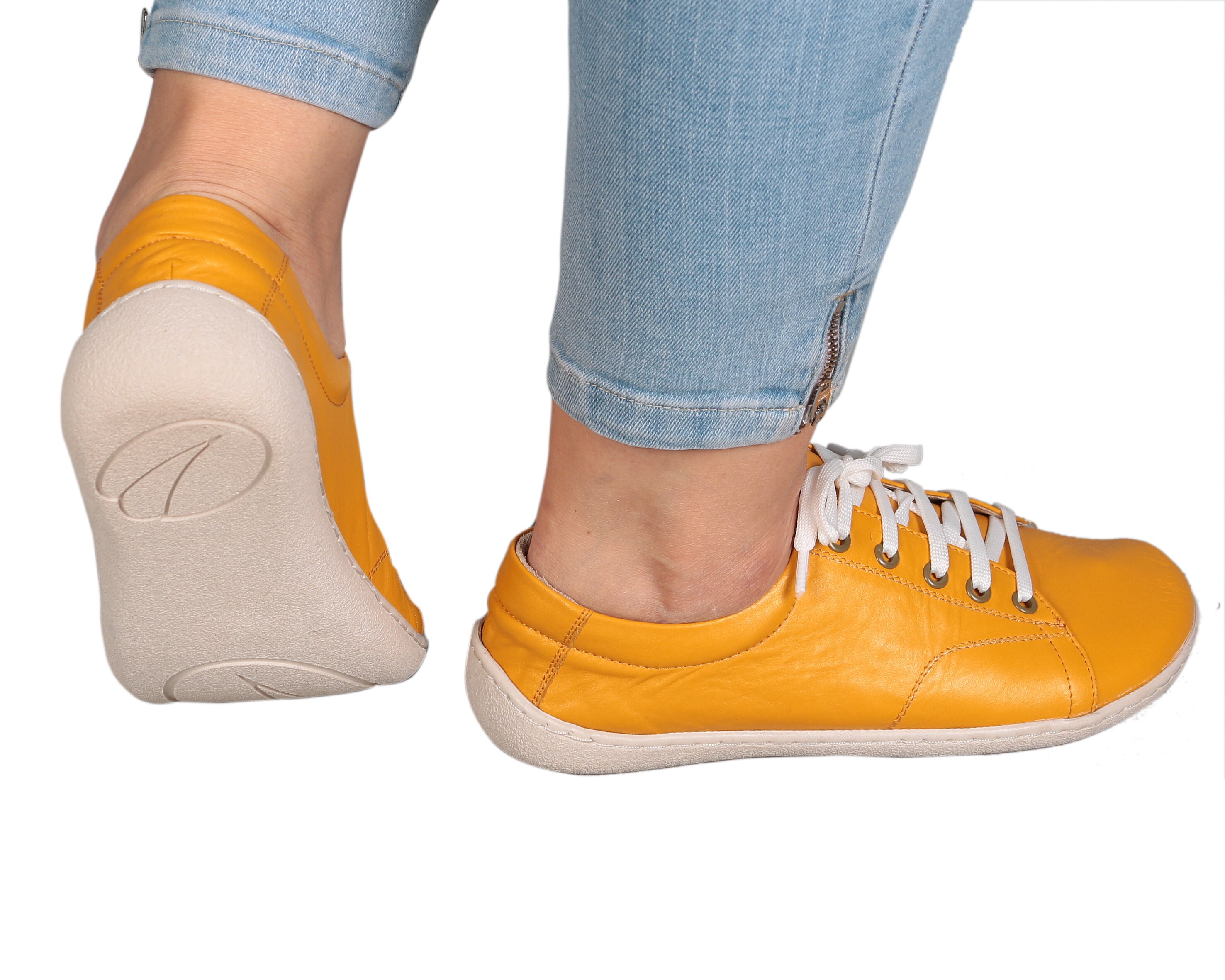 Women SNEAKER MUSTARD Smooth Leather, Handmade Barefoot, Grounding, Zero Drop, Flexible Soft Rubber Sole, Stylish, Natural, Colorful