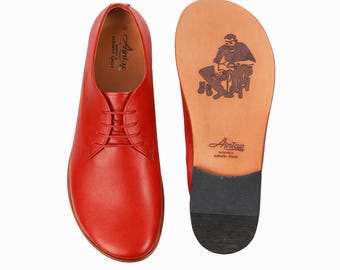 Women's Barefoot RED SMOOTH Leather Oxford Shoes, Classic Comfort & Style: Handmade, Moccasins
