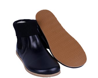 Wide Toe Box Barefoot Chelsea Boots: Black Leather Zero Drop