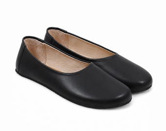 Women BLACK SMOOTH Leather Barefoot Ballerinas: Handmade Zero Drop Shoes, Classic Comfort & Style, 6mm Rubber Outsole