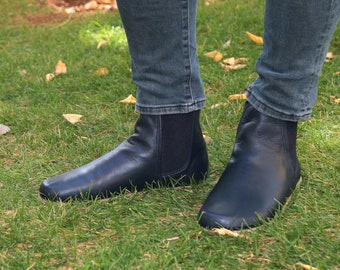 Men Handmade CHELSEA Boots Zero Drop, Barefoot NAVY Blue Smooth Leather, Natural, Colorful, Leather Insole & Outsole