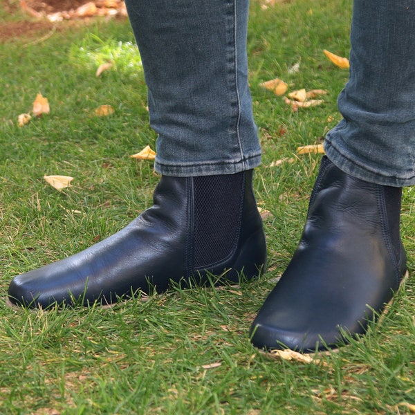 Men Handmade CHELSEA Boots Zero Drop, Barefoot NAVY Blue Smooth Leather, Natural, Colorful, Leather Insole & Outsole