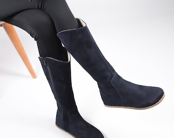 Women Flat KNEE Boots Barefoot Zero Drop NAVY Blue NUBUCK Leather Handmade Shoes, 5mm Leather Outsole