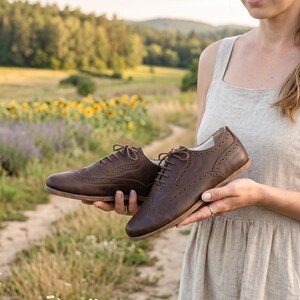 May include: A pair of dark brown leather oxford shoes featuring classic wingtip brogue detailing, a rounded toe, and matching brown laces. The shoes have a low-profile sole and decorative perforated patterns along the seams and toe cap.