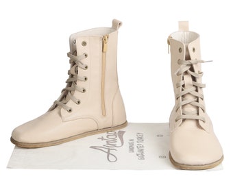 Men's Beige Leather Barefoot Boots: Wide Toe, Zero Drop