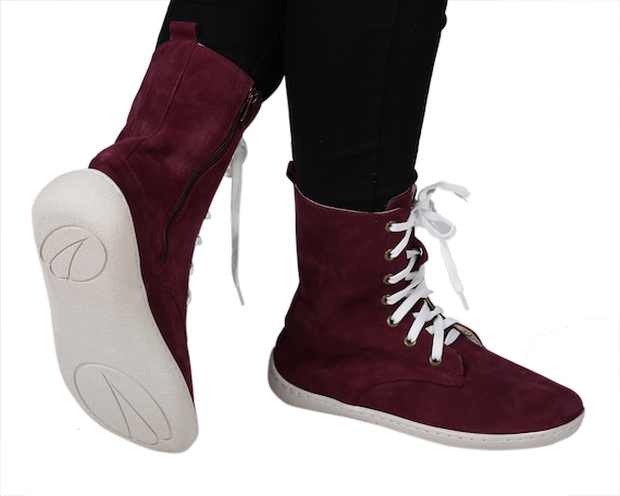 Handmade Claret Red Nubuck Leather Barefoot Boots: Grounding Shoes
