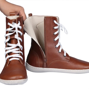 Handmade Brown Leather Barefoot Boots: Zero Drop, Flexible Sole