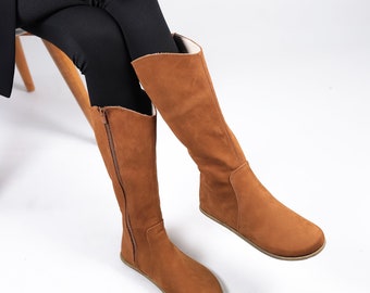 Women Flat KNEE Boots Barefoot Zero Drop TAN NUBUCK Leather Handmade Shoes, 5mm Leather Outsole