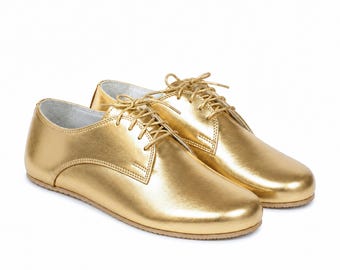 Women's Barefoot GOLD BRIGHT Leather Oxford Shoes, Classic Comfort & Style: Handmade, Moccasins, 6mm Rubber Outsole