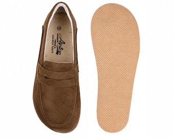 Men's Barefoot TAN SUEDE Leather Shoes, Handmade, Penny Loofers, 3MM Rubber Sole