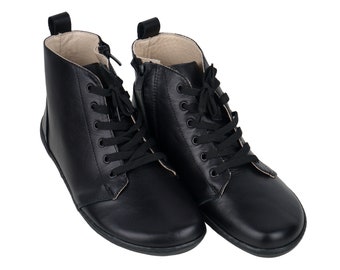 Botas descalzas de cuero negro hechas a mano para hombre: punta ancha, caída cero