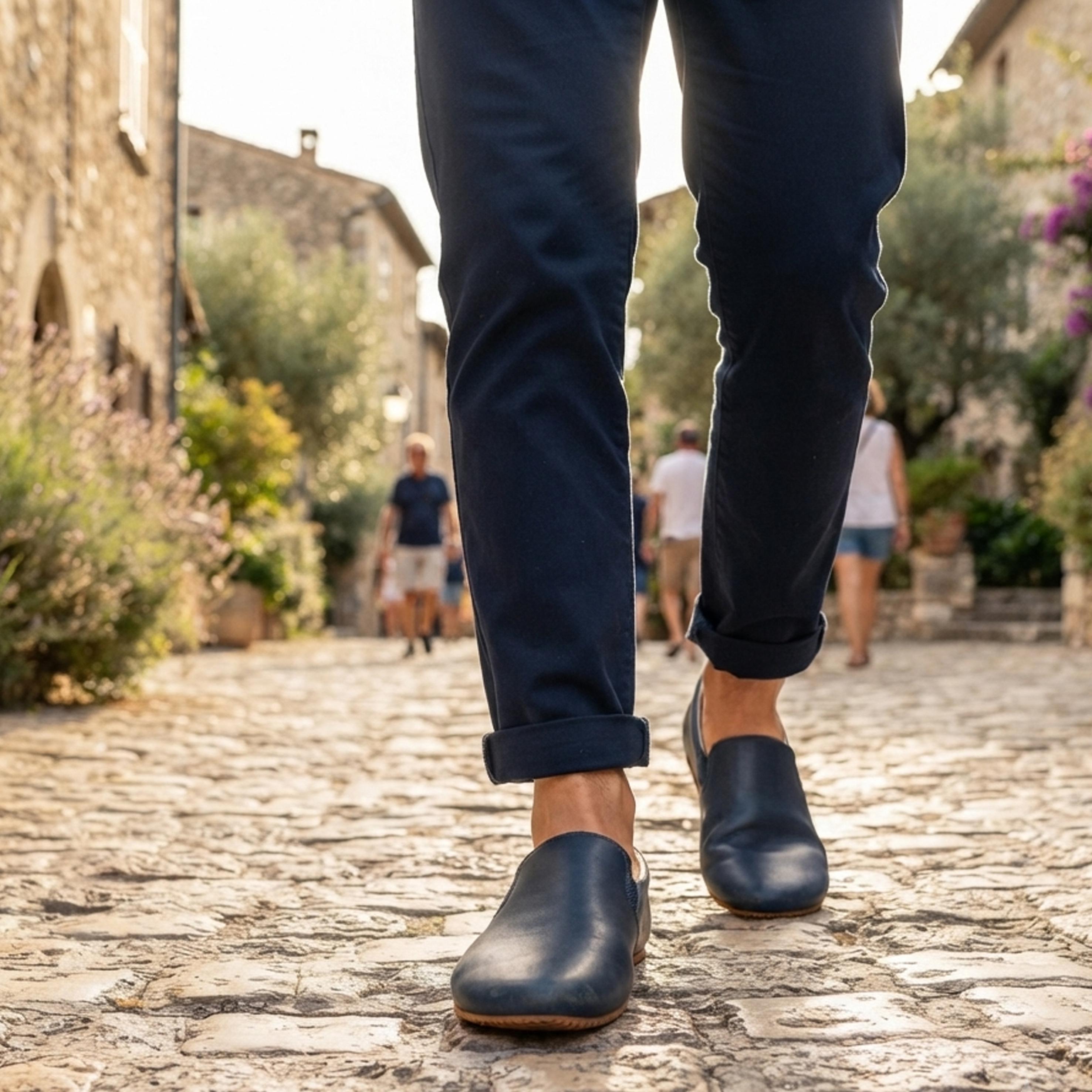 Women Barefoot Slip On, NAVY BLUE SMOOTH Leather, Handmade Yemeni Shoes, Natural, 6mm Rubber Outsole