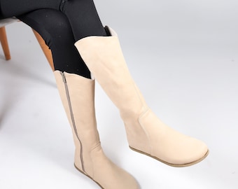 Women Flat KNEE Boots Barefoot Zero Drop CREAM NUBUCK Leather Handmade Shoes, 5mm Leather Outsole
