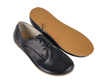 WOMEN Zero Drop Oxford Barefoot BLACK SMOOTH Leather Handmade Shoes, Natural, Colorful, Slip-On 5mm Rubber Outsole