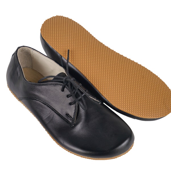 WOMEN Zero Drop Oxford Barefoot BLACK SMOOTH Leather Handmade Shoes, Natural, Colorful, Slip-On 5mm Rubber Outsole
