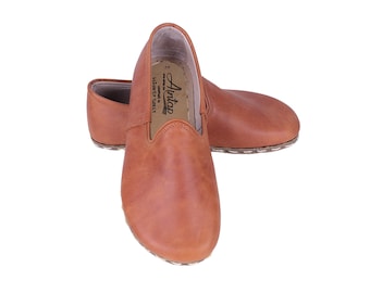 Zapatos sin cordones más anchos para hombre, hechos a mano, caída cero, cuero descalzo HONEY CAMEL CRAZY, natural, colorido, plantilla de cuero, suela de cuero