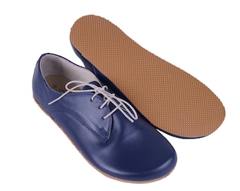 WOMEN Zero Drop Oxford Barefoot NAVY BlUE SMOOTH Leather Handmade Shoes, Natural, Colorful, Slip-On 5mm Rubber Outsole