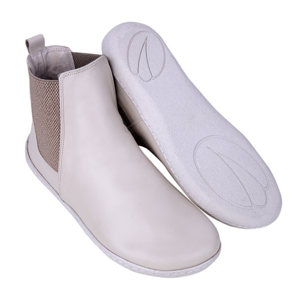 Women Handmade CHELSEA Boots Zero Drop, Barefoot CREAM SMOOTH Leather, Natural, Colorful, Leather Insole & 5mm Soft Rubber