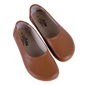 Flat Ballet Barefoot Zero Drop TAN SMOOTH Leather Ballerinas, Leather Handmade Shoes, Slip-On 5mm Rubber or Leather Outsole image 5