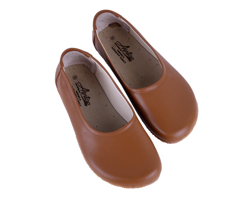 Flat Ballet Barefoot Zero Drop TAN SMOOTH Leather Ballerinas, Leather Handmade Shoes, Slip-On 5mm Rubber or Leather Outsole image 5