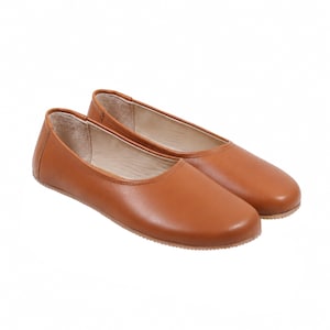 Women TAN SMOOTH Leather Barefoot Ballerinas: Handmade Zero Drop Shoes, Classic Comfort & Style, 6mm Rubber Outsole