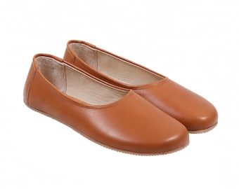 Bailarinas descalzas de piel lisa color tostado para mujer: Zapatos hechos a mano con caída cero, comodidad y estilo clásicos, suela de goma de 6 mm.