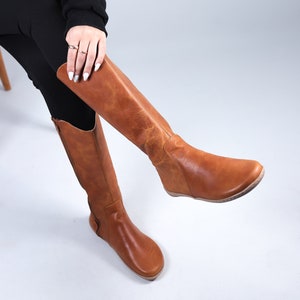 Dames platte knielaarzen op blote voeten Zero Drop HOMEY-Camel CRAZY lederen handgemaakte schoenen, 6MM zachte rubberen buitenzool