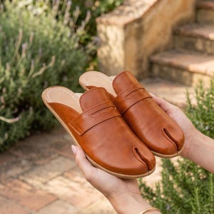 May include: A pair of brown leather split-toe slippers. The slippers have a slip-on design with a strap across the top and a separate toe section. The soles are a light tan color. The background features greenery and a stone staircase.