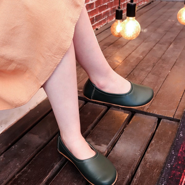 Flat Ballet Barefoot Zero Drop GREEN SMOOTH Leather Ballerinas, Leather Handmade Shoes, Slip-On 5mm Rubber Outsole