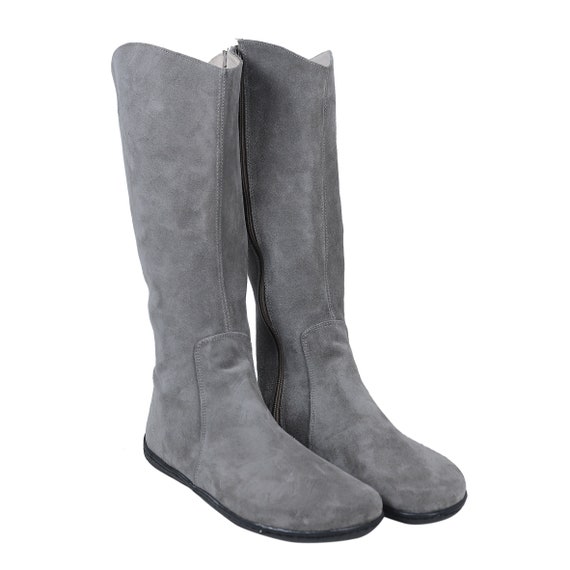 Women Flat KNEE Boots Barefoot Zero Drop GRAY SUEDE Leather Handmade Shoes 6mm Soft Rubber Outsole Etsy Canada