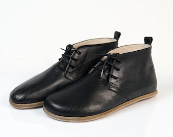 Handmade Black Leather Barefoot Booties: Zero Drop Ankle Boots