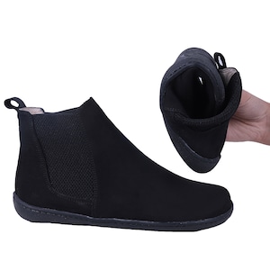 Handgemaakte zwarte nubuckleren chelsea boots heren: Barefoot Zero Drop