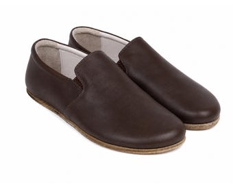 Men Barefoot  Slip On, DARK BROWN SMOOTH Leather, Handmade Yemeni Shoes, Natural, Leather Outsole