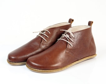 Men Handmade ANKLE BOOTIES Zero Drop, Barefoot DARK BrOWN Smooth Leather, Natural, Colorful, Leather Insole & Outsole