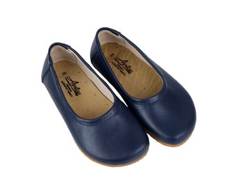 KiDS Wider Barefoot FLAT BALLETS NaVY Blue SMOOTH Leather Handmade Yemeni Shoes, Natural, Colorful Boy Shoes, Girl Shoes