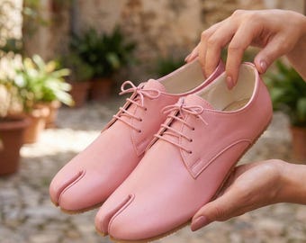 ROZE gladde leren tabi-schoenen dames, veterschoen oxford-mocassins met splitten