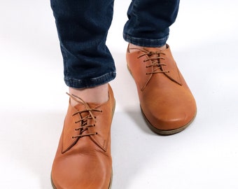 Zapatos Oxford más anchos para hombre, hechos a mano, caída cero, cuero descalzo HONEY CAMEL CRAZY, natural, colorido, plantilla de cuero, suela de cuero