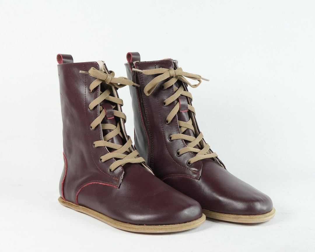 WOMEN Boots WIDE Zero Drop Barefoot BURGUNDY Sooth Leather Handmade ...