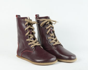 WOMEN Boots WIDE Zero Drop Barefoot BURGUNDY Sooth Leather Handmade, Natural, Colorful, Leather Insole and Outsole