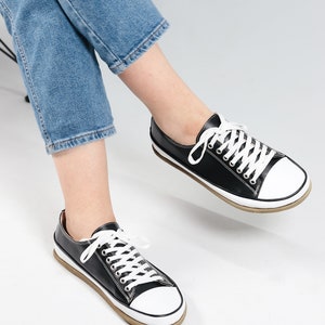 Women Wider Converse Style Shoe, Handmade, Zero Drop, Barefoot BLACK Smooth Leather, Natural, Colorful, Leather Insole, 6mm Leather Outsole