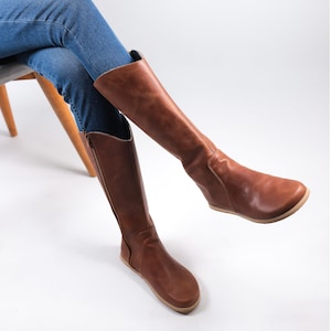 Dames platte knielaarzen op blote voeten Zero Drop BRUIN lederen handgemaakte schoenen, 5 mm Eva Base buitenzool