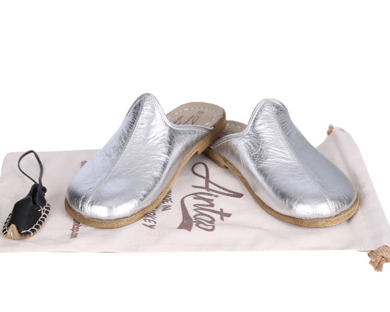 Shearling MEN Wide Slipper, Sandals Barefoot SILVER Bright Leather Handmade image 4