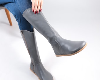 Handmade Gray Leather Knee Boots: Women's Barefoot Zero Drop Shoes